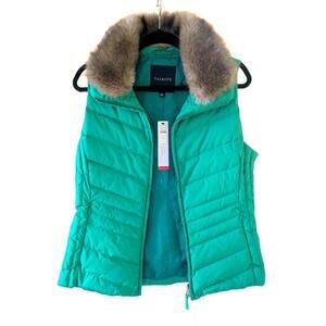 Talbots Women's Forest Green Down Puffer Vest with Faux Fur Collar, Size S